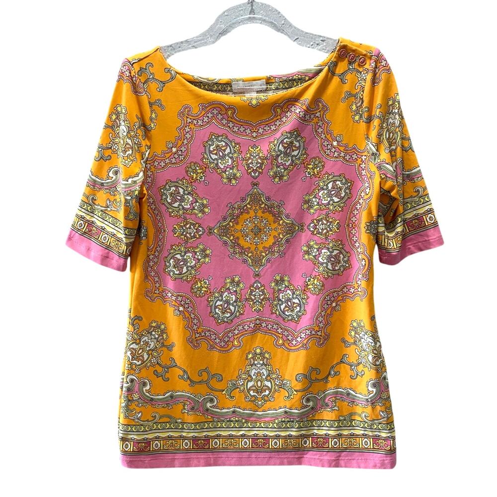 Charter Club Women's Elbow Sleeve Multi Orange Top Paisley Preppy Boho XS